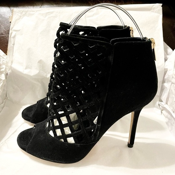 Jimmy Choo fishnet gladiator ankle peeptoe bootie Supple suede lthr blk EU37.5 - Picture 5 of 9